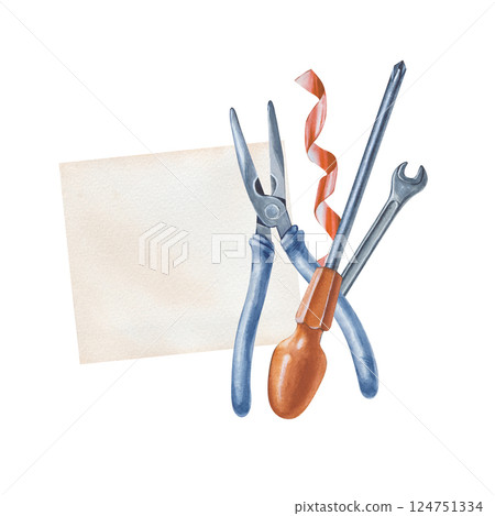 Working tools for repairs on the background of a sheet of paper. Watercolor illustration.  Place for the label. Screwdriver, pliers, electrical tape, wrench. Watercolor composition on a white 124751334
