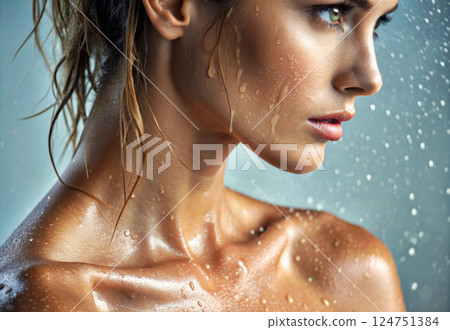 Wet Beautiful sexy woman in shower. Female face and body under water drops Wet Beautiful sexy woman in shower. Female face and body under water drops 124751384