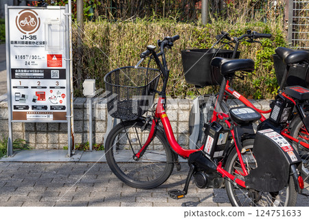 停放在自行車停車場的租賃自行車 停放在自行車停車場的租賃自行車 124751633