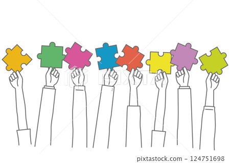 向量圖的成員手拿著彩色拼圖 124751698