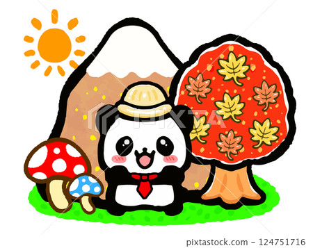 秋天熊貓爬山的塗鴉風格插圖 124751716