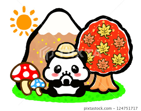 秋天熊貓爬山的塗鴉風格插圖 2 124751717