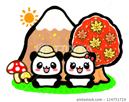 秋天裡一對熊貓夫婦爬山的塗鴉風格插圖 124751719