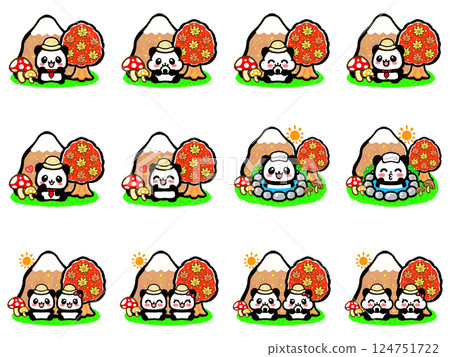 秋季熊貓爬山的塗鴉風格插畫素材集 124751722