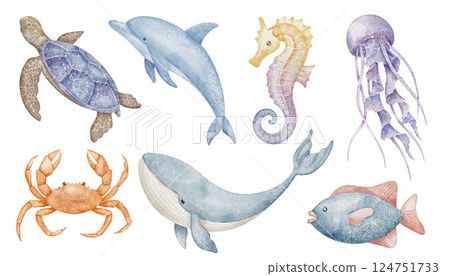 Watercolor illustration with underwater Animals including Turtle, Whale, Dolphin, Jellyfish, and Crabs. Drawing of marine creatures for Baby shower greeting cards or childish party invitations. 124751733