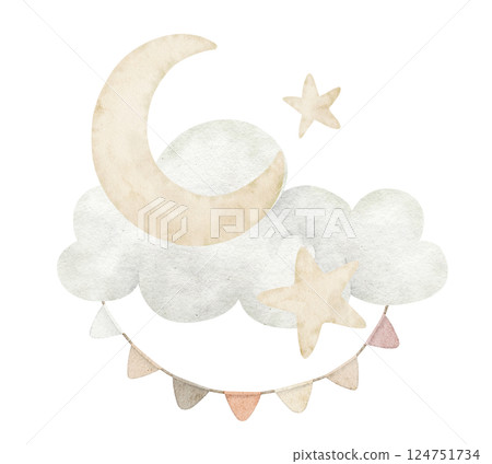 Watercolor illustration of a Crescent Moon, Cloud and stars with a garland. Hand-drawn celestial design for nursery posters, baby shower invitations or childish greeting cards in pastel colors. Watercolor illustration of a Crescent Moon, Cloud and stars with a garland. Hand-drawn celestial design for nursery posters, baby shower invitations or childish greeting cards in pastel colors. 124751734