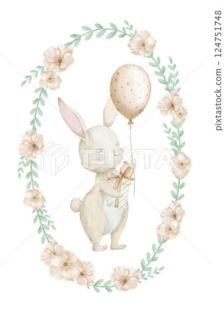 Watercolor illustration of a standing Bunny holding a gift and balloon inside a floral wreath. Hand-drawn Rabbit design for baby shower greeting cards, birthday invitations, and nursery posters. 124751748