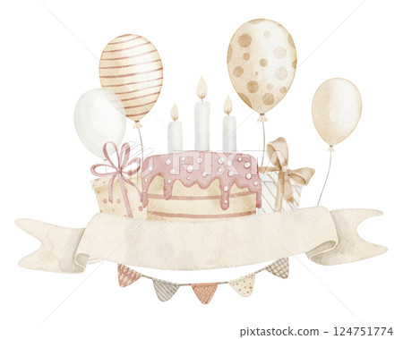 Watercolor illustration of a Birthday cake with balloons, gifts, and a ribbon banner. Hand-drawn festive design for party greeting cards or baby shower invitations in pastel colors. Space for text. Watercolor illustration of a Birthday cake with balloons, gifts, and a ribbon banner. Hand-drawn festive design for party greeting cards or baby shower invitations in pastel colors. Space for text. 124751774
