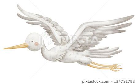 Watercolor illustration of a flying Stork with spread wings and a long beak. Hand-drawn Bird design symbolizing newborn delivery for Baby shower invitations or childish greeting cards in pastel colors 124751798