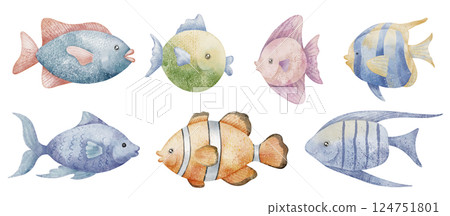 Illustration of watercolor Fish illustrations in various colors and shapes. Drawing of underwater animals for nursery wall art or childish invitations and greeting cards. Ocean creatures for baby. 124751801