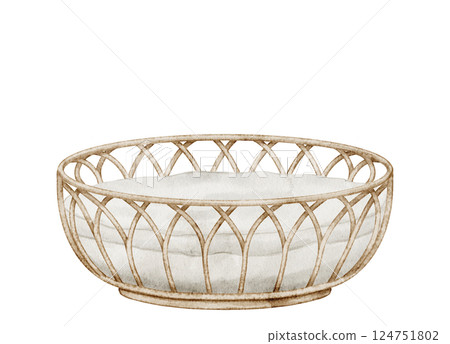 Watercolor illustration of a woven Baby Cradle with a soft cushion. Drawing of cozy Basket for infant in pastel colors. Art of Bassinet for nursery posters or newborn party invitations. Watercolor illustration of a woven Baby Cradle with a soft cushion. Drawing of cozy Basket for infant in pastel colors. Art of Bassinet for nursery posters or newborn party invitations. 124751802