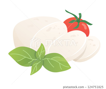 Mozzarella cheese with tomato and basil. Soft white cheese cut piece. Organic farm food. Design element, cartoon flat illustration for logo, poster, menu. Isolated on white background. Vector Mozzarella cheese with tomato and basil. Soft white cheese cut piece. Organic farm food. Design element, cartoon flat illustration for logo, poster, menu. Isolated on white background. Vector 124751825