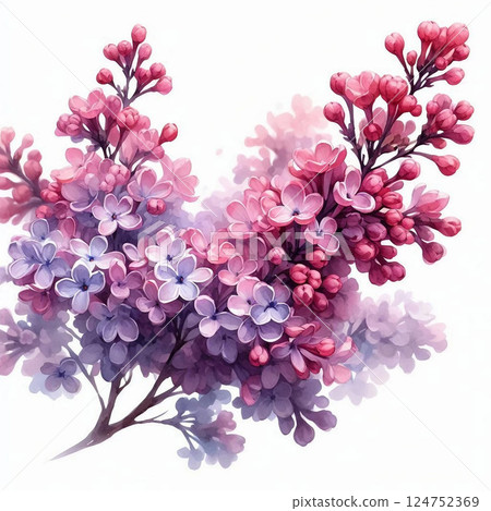 Lilacs blooming in clusters at the ends of branches 124752369