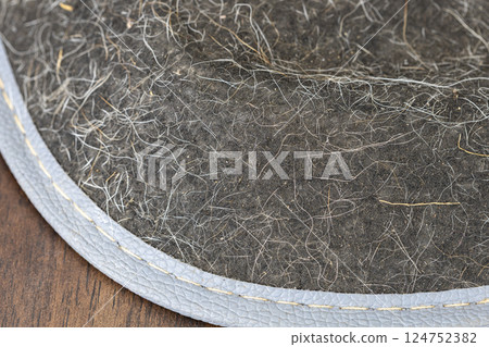 A close-up shows dog hair and dust clinging to the surface of the sofa. A close-up shows dog hair and dust clinging to the surface of the sofa. 124752382