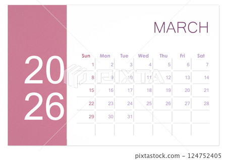 March 2026 Blank calendar page isolated on white background. 124752405