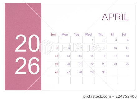 April 2026 Blank calendar page isolated on white background. 124752406