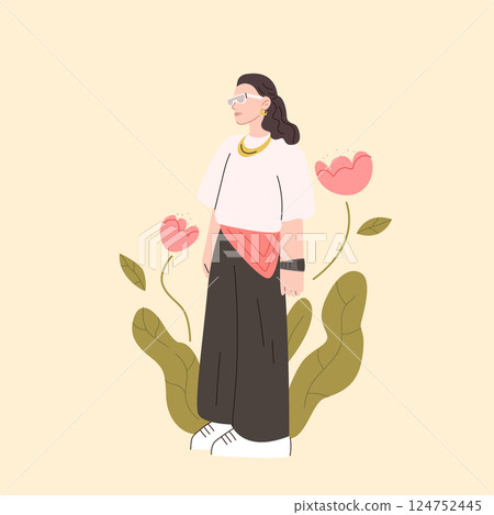 girl on profile. Flat vector illustration isolated on white background. web illustration of a girl in flowers girl on profile. Flat vector illustration isolated on white background. web illustration of a girl in flowers 124752445