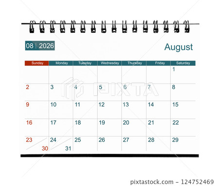 August 2026 calendar. Page of the annual business desk month calendar isolated on white. 124752469