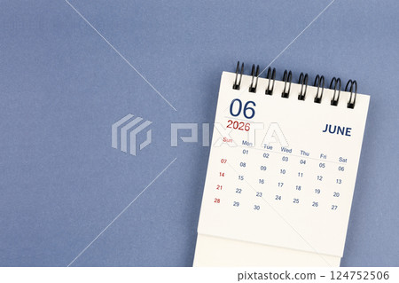 June 2026 Mini monthly desk calendar for 2026 year on blue color background. June 2026 Mini monthly desk calendar for 2026 year on blue color background. 124752506
