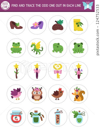 Find the odd one out. Fairyland logical activity for kids. Magic forest educational quiz worksheet for attention skills. Printable game with cute fairy attributes, fantasy animals, fairytale objects 124752533