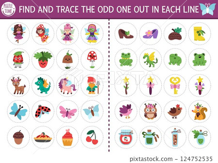 Find the odd one out. Fairyland logical activity for kids. Magic forest educational quiz worksheet for attention skills. Printable game with cute fairy attributes, fantasy animals, fairytale objects 124752535