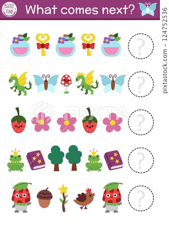 What comes next. Fairyland logical activity for preschool children with key, potion, flower, spell book. Woodland fairy logic succession worksheet. Fantasy forest or fairytale continue the row game 124752536
