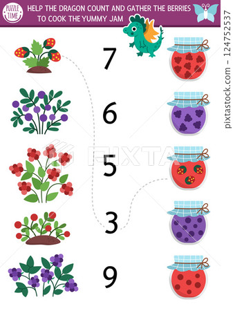 Match the numbers fairyland game with dragon cooking marmalade. Woodland fairy garden math activity for preschool kids. Fairytale educational counting worksheet with berries, jam jars Match the numbers fairyland game with dragon cooking marmalade. Woodland fairy garden math activity for preschool kids. Fairytale educational counting worksheet with berries, jam jars 124752537