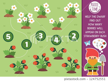 Match the numbers fairyland game with dwarf counting flowers and strawberries. Woodland fairy garden math activity for preschool kids. Fairytale educational counting worksheet Match the numbers fairyland game with dwarf counting flowers and strawberries. Woodland fairy garden math activity for preschool kids. Fairytale educational counting worksheet 124752551