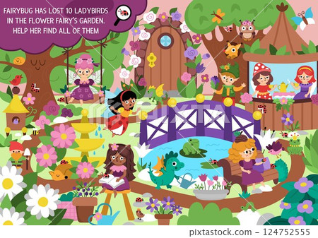 Fairyland vector searching game with enchanted garden landscape. Spot hidden ladybugs. Simple magic fairytale seek and find printable activity for kids with fairy bug looking for ladybirds Fairyland vector searching game with enchanted garden landscape. Spot hidden ladybugs. Simple magic fairytale seek and find printable activity for kids with fairy bug looking for ladybirds 124752555