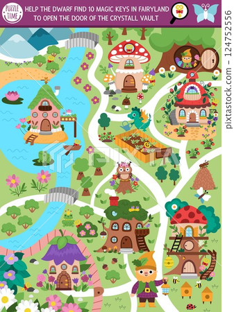 Vector fairyland searching game with enchanted forest landscape map, houses, fairies, garden. Spot hidden magic keys in picture. Simple fairytale seek and find printable activity for kids Vector fairyland searching game with enchanted forest landscape map, houses, fairies, garden. Spot hidden magic keys in picture. Simple fairytale seek and find printable activity for kids 124752556