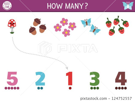 Match the numbers fairyland, nature forest game. Woodland fairy activity for kids. Fairytale counting worksheet. Simple number matching math game with acorn, mushroom, flower, butterfly Match the numbers fairyland, nature forest game. Woodland fairy activity for kids. Fairytale counting worksheet. Simple number matching math game with acorn, mushroom, flower, butterfly 124752557