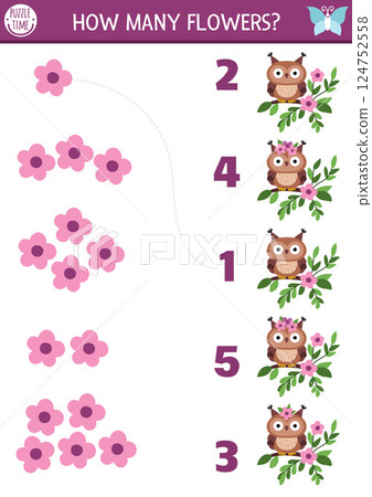 Match the numbers fairyland, nature forest game with owl sitting on twig with flowers. Woodland fairy activity for kid. Fairytale counting worksheet. Simple number matching math game with bird Match the numbers fairyland, nature forest game with owl sitting on twig with flowers. Woodland fairy activity for kid. Fairytale counting worksheet. Simple number matching math game with bird 124752558