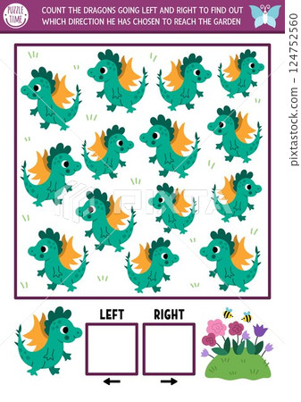 Fairyland, forest nature logic game with left and right concept for kids. I spy searching, counting activity with cute dragon searching way to garden. Printable space orientation worksheet, puzzle Fairyland, forest nature logic game with left and right concept for kids. I spy searching, counting activity with cute dragon searching way to garden. Printable space orientation worksheet, puzzle 124752560