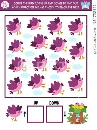 Fairyland, forest nature logic game with up, down concept for kids. I spy searching, counting activity with cute bird searching way to nest. Printable space orientation worksheet, puzzle for children Fairyland, forest nature logic game with up, down concept for kids. I spy searching, counting activity with cute bird searching way to nest. Printable space orientation worksheet, puzzle for children 124752561