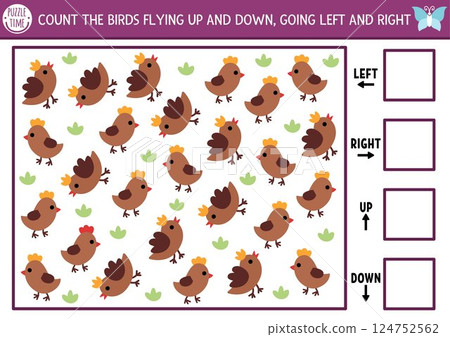 Fairyland, forest nature logic game with right, left, up, down concept for kids. I spy searching, counting activity with cute brown bird. Printable space orientation worksheet or puzzle for children Fairyland, forest nature logic game with right, left, up, down concept for kids. I spy searching, counting activity with cute brown bird. Printable space orientation worksheet or puzzle for children 124752562
