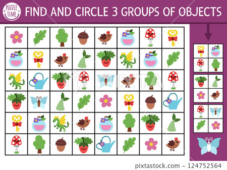 Fairyland seek and find game with woodland symbols. Attention skills training puzzle with berry, flower, dragon. Forest fairy printable activity for kids. Magic garden searching puzzle. Find groups of Fairyland seek and find game with woodland symbols. Attention skills training puzzle with berry, flower, dragon. Forest fairy printable activity for kids. Magic garden searching puzzle. Find groups of 124752564