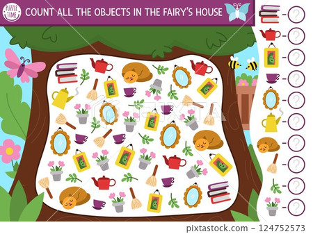 Fairyland I spy game for kids shaped as fairy tree house. Searching, counting activity with cozy interior objects, furniture. Fairytale printable worksheet. Simple fantasy spotting puzzle with girl 124752573