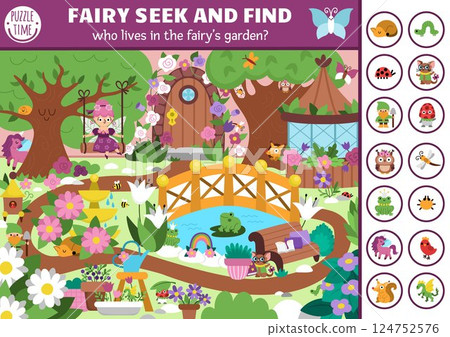 Fairyland vector searching game with enchanted garden landscape. Spot hidden animals. Simple magic fairytale seek and find printable activity for kids with flower fairy on swing, frogs, gazebo Fairyland vector searching game with enchanted garden landscape. Spot hidden animals. Simple magic fairytale seek and find printable activity for kids with flower fairy on swing, frogs, gazebo 124752576