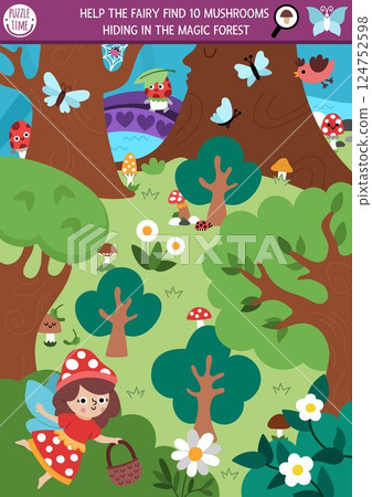 Vector fairyland searching game with enchanted forest landscape, fairy, basket. Spot hidden mushrooms in picture. Simple magic fairytale seek and find educational printable activity for kids Vector fairyland searching game with enchanted forest landscape, fairy, basket. Spot hidden mushrooms in picture. Simple magic fairytale seek and find educational printable activity for kids 124752598