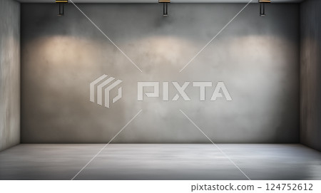 Empty grey room interior with overhead spotlights casting soft shadows on textured walls for product or art display 124752612