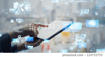 Woman using tablet PC and digital technology concept 124752753
