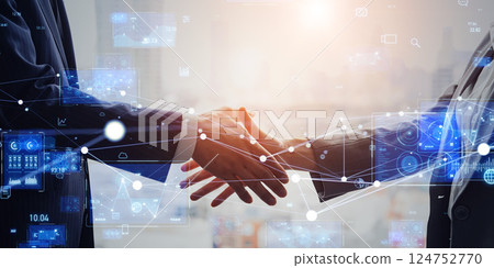 一群商人握手和數位網路概念 一群商人握手和數位網路概念 124752770