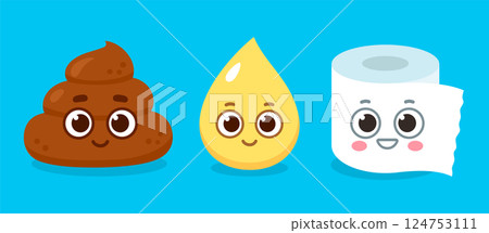 Cute cartoon poop, pee and toiler paper characters illustration 124753111