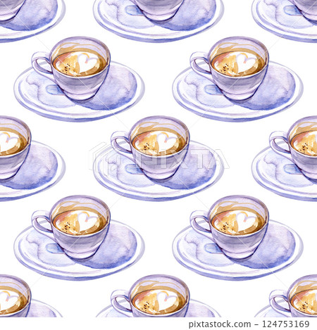 Watercolor coffee seamless pattern. Hand drawn repeating texture with cup of cappuccino on white background. Cute drink wallpaper Watercolor coffee seamless pattern. Hand drawn repeating texture with cup of cappuccino on white background. Cute drink wallpaper 124753169