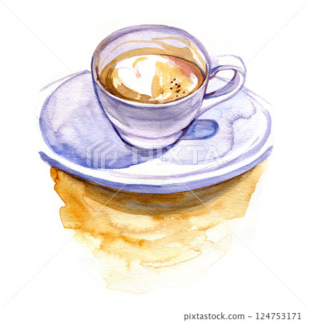 Coffee love Latte heart hand drawn sketch. Watercolor painting style illustration 124753171