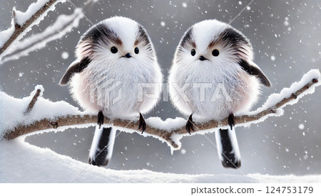 Long-tailed tit and snowy scenery 124753179