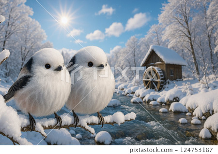 Long-tailed tit and snowy scenery 124753187