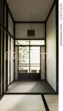 Nihon room design interior with door paper and cabinet shelf wall on tatami mat floor room japanese style. 3D rendering Nihon room design interior with door paper and cabinet shelf wall on tatami mat floor room japanese style. 3D rendering 124753229