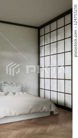 Bedroom japanese minimal style.,Modern white wall and wooden floor, room minimalist. 3D rendering Bedroom japanese minimal style.,Modern white wall and wooden floor, room minimalist. 3D rendering 124753256