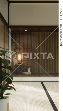 Nihon room design interior with door paper and cabinet shelf wall on tatami mat floor room japanese style. 3D rendering Nihon room design interior with door paper and cabinet shelf wall on tatami mat floor room japanese style. 3D rendering 124753328